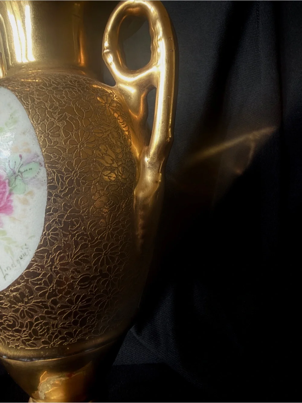 Antique Limoges France 10” Hand-Painted Rose Vase – Heavy Gold Gilt, Artist Sign